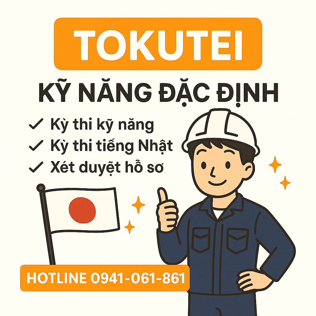 Hình ảnh minh họa Tokutei Ginou – Kỹ năng đặc định Nhật Bản với nhân vật nam mặc đồ bảo hộ, đội mũ bảo hiểm, cầm cờ Nhật, nhấn mạnh ba bước: kỳ thi kỹ năng, kỳ thi tiếng Nhật, xét duyệt hồ sơ.